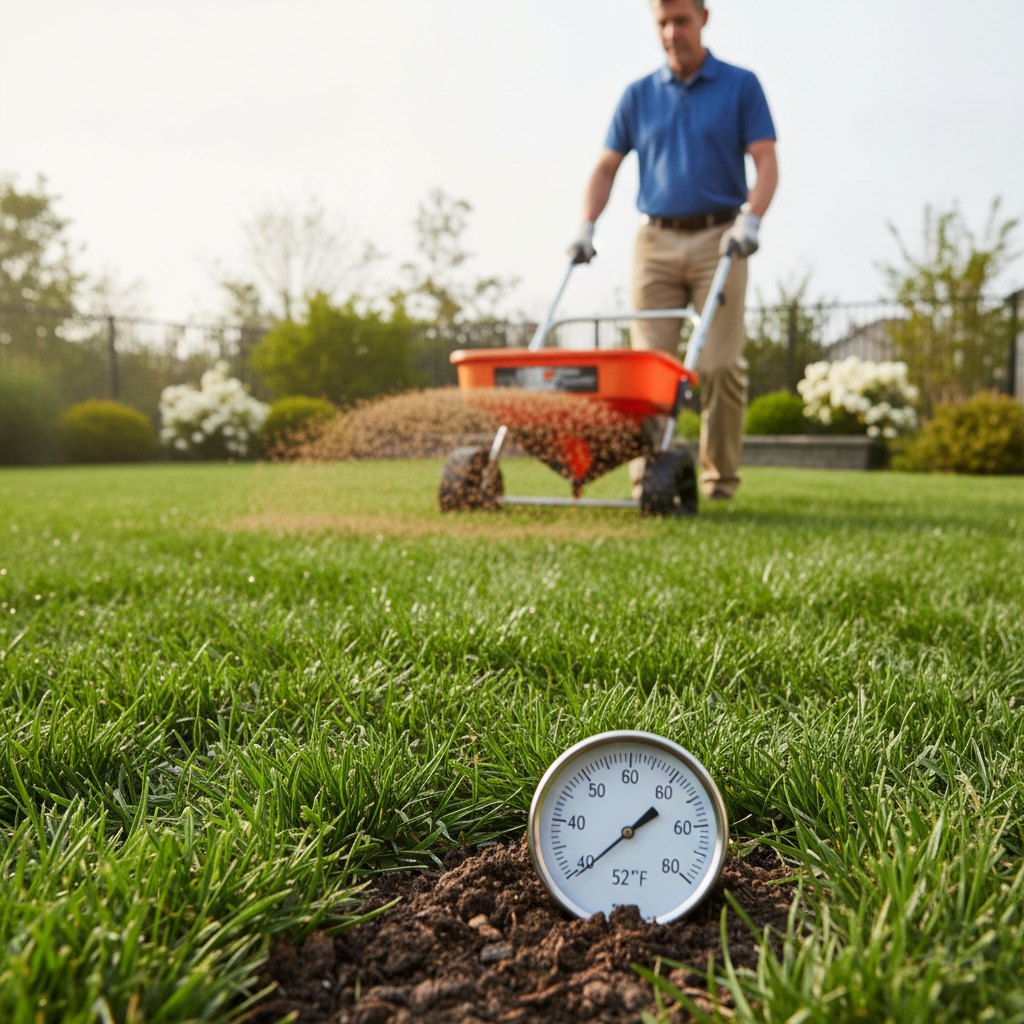 Homeowner applying granular pre-emergent weed killer to a lawn with a spreader, with a soil thermometer in the grass.