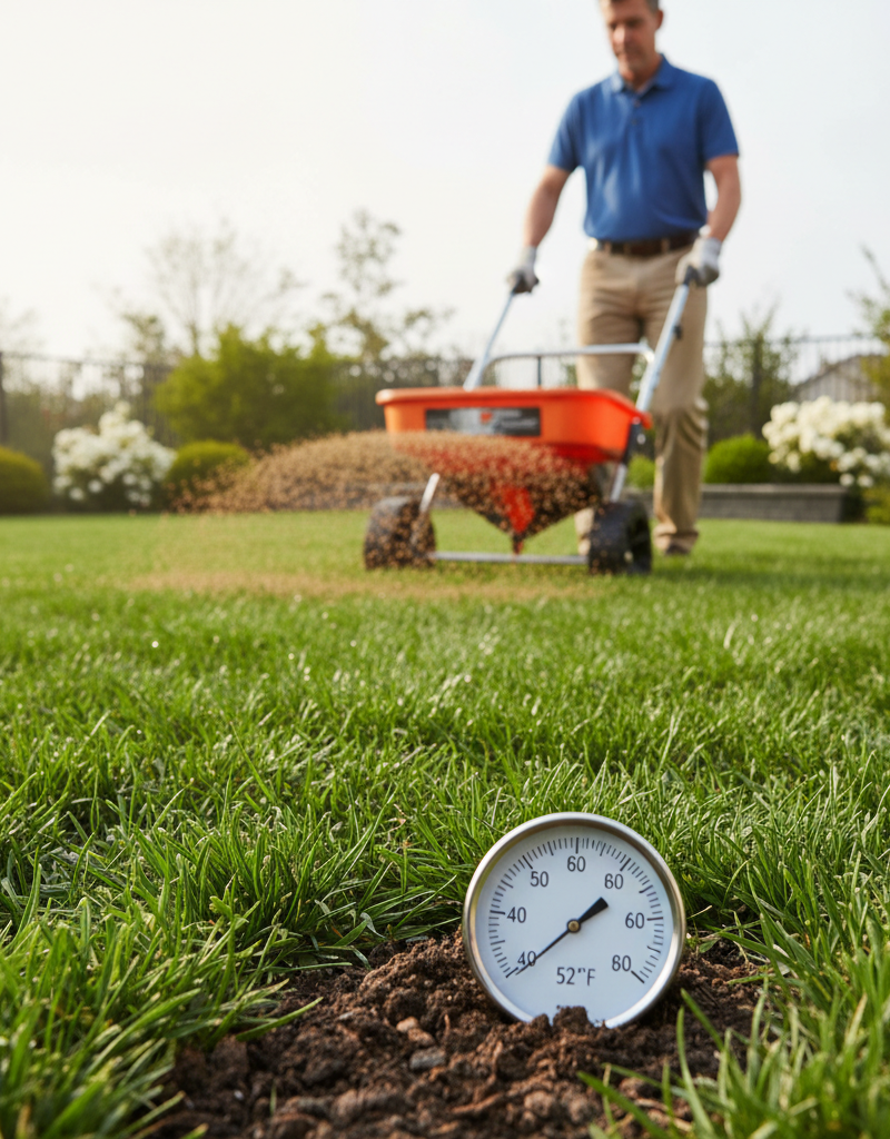 Homeowner applying granular pre-emergent weed killer to a lawn with a spreader, with a soil thermometer in the grass.