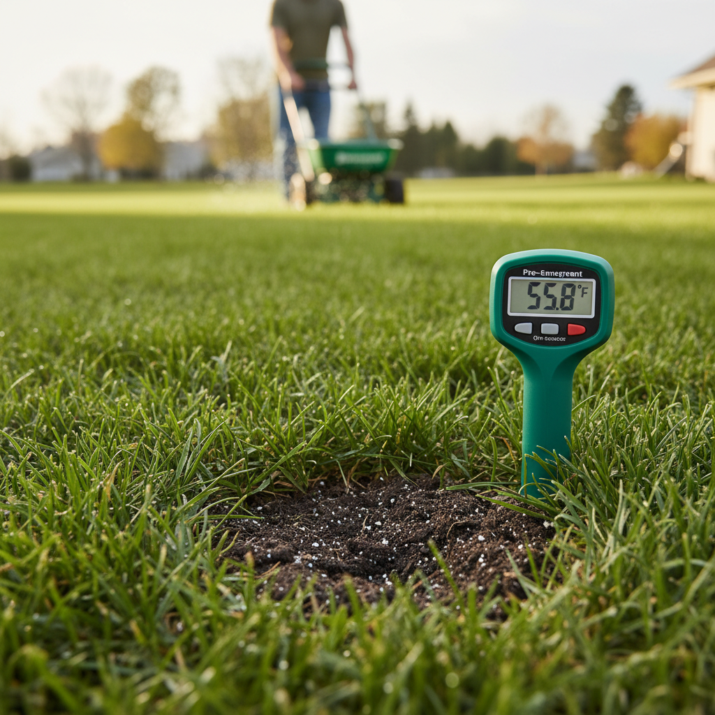 Soil thermometer checking turf temperature for pre-emergent application