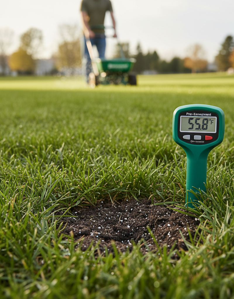 Soil thermometer checking turf temperature for pre-emergent application