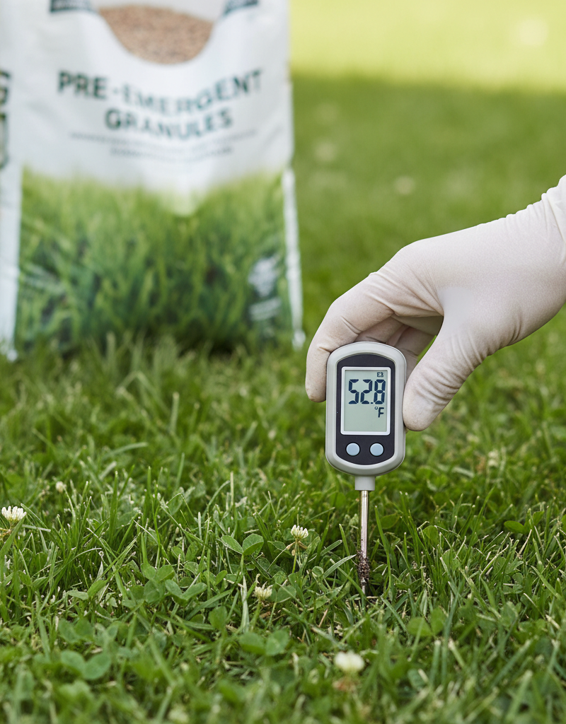 Hand holding a soil thermometer in a green lawn, showing 50-55°F reading near a bag of pre-emergent.