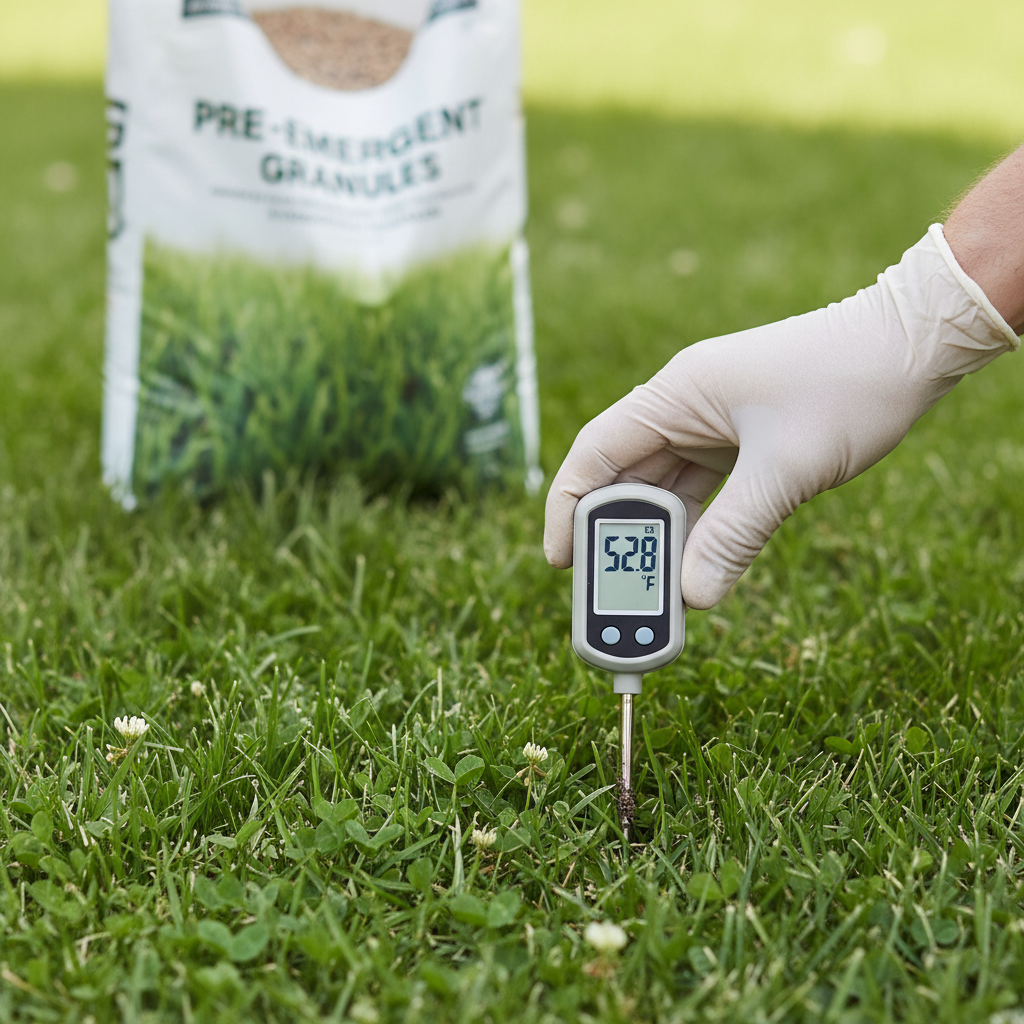 Hand holding a soil thermometer in a green lawn, showing 50-55°F reading near a bag of pre-emergent.
