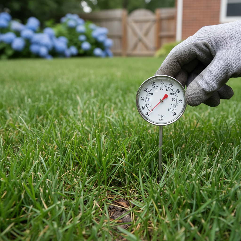 Hand holding a soil thermometer in a green lawn, indicating optimal pre-emergent timing.