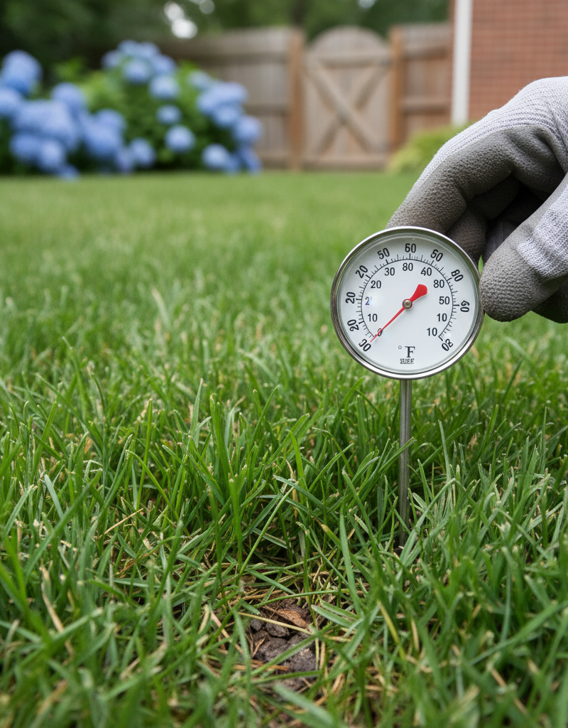 Hand holding a soil thermometer in a green lawn, indicating optimal pre-emergent timing.