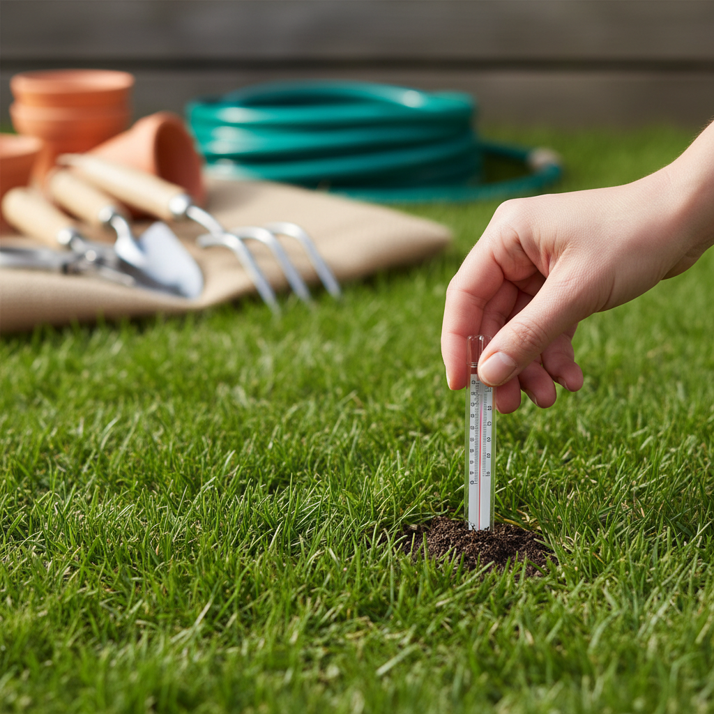 Hand checking green lawn soil temperature with a thermometer for pre-emergent application.