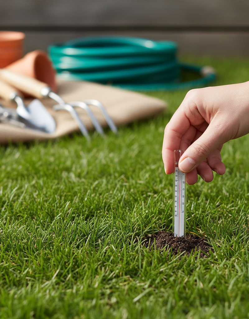 Hand checking green lawn soil temperature with a thermometer for pre-emergent application.