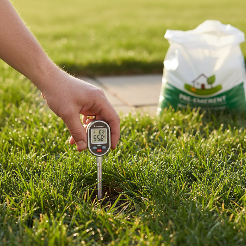 Hand checking soil temperature with a thermometer in a green lawn for pre-emergent application.
