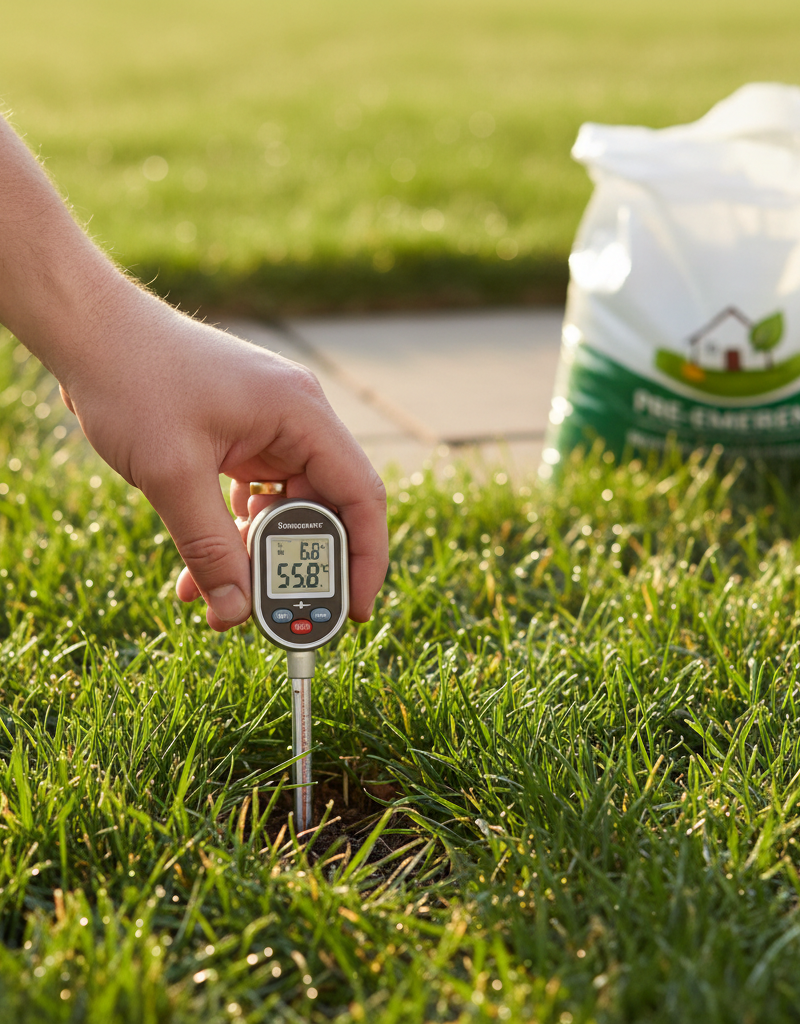 Hand checking soil temperature with a thermometer in a green lawn for pre-emergent application.