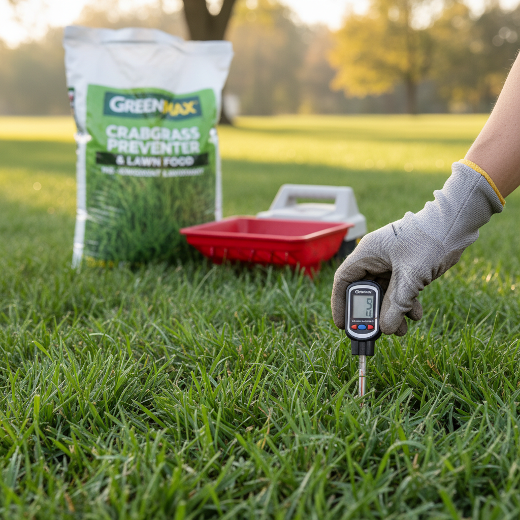 Homeowner checking soil temperature with a thermometer before applying pre-emergent herbicide to a lawn.