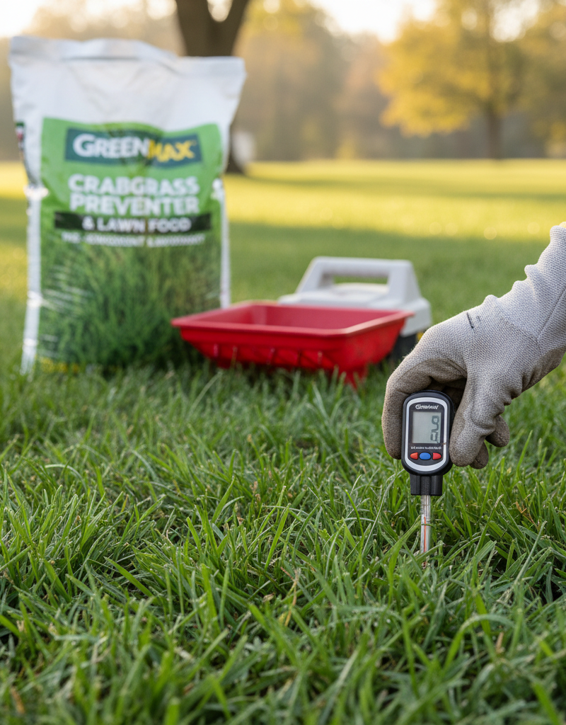 Homeowner checking soil temperature with a thermometer before applying pre-emergent herbicide to a lawn.
