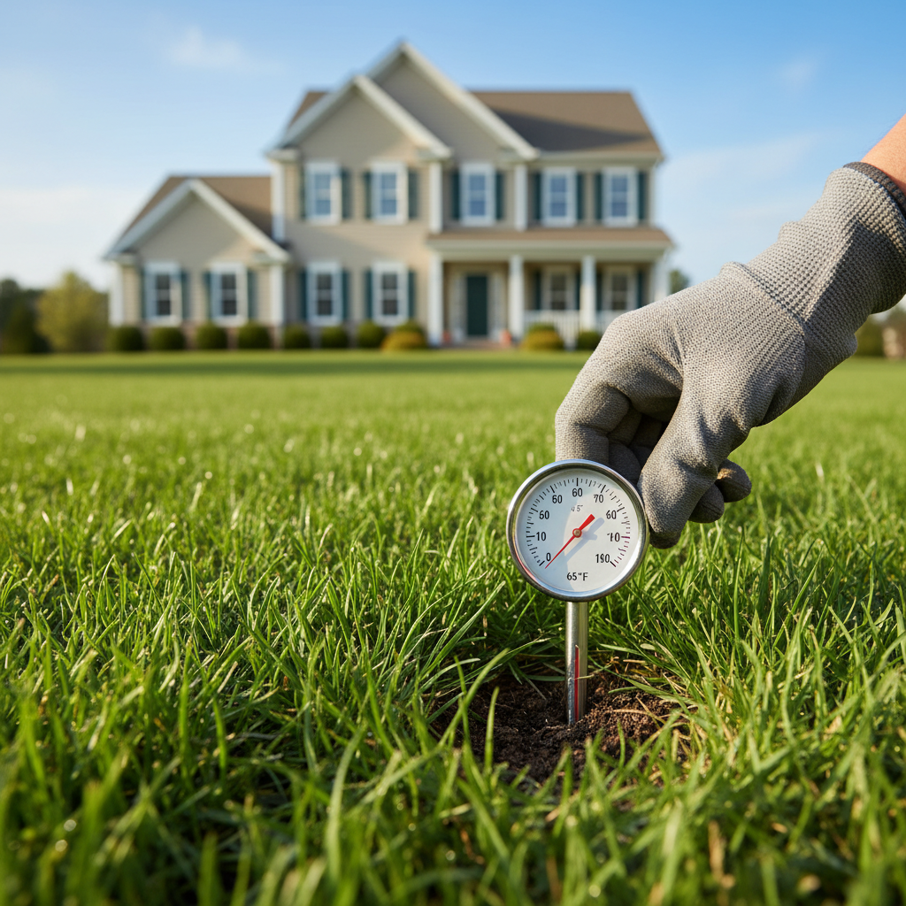 Hand inserting a soil thermometer into a green lawn to check for pre-emergent application timing
