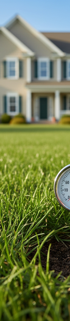 Hand inserting a soil thermometer into a green lawn to check for pre-emergent application timing