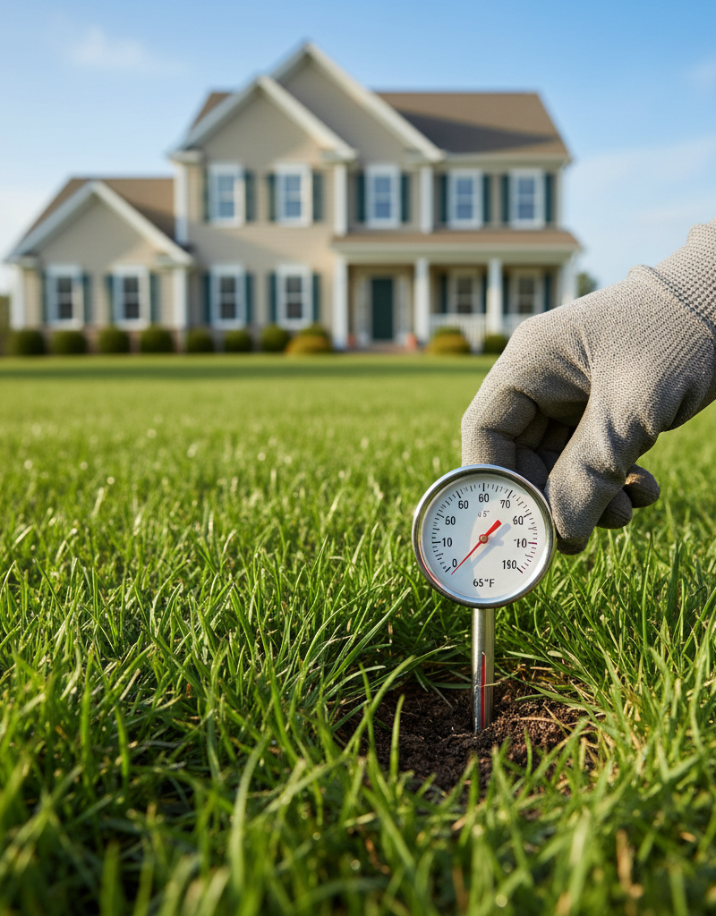 Hand inserting a soil thermometer into a green lawn to check for pre-emergent application timing
