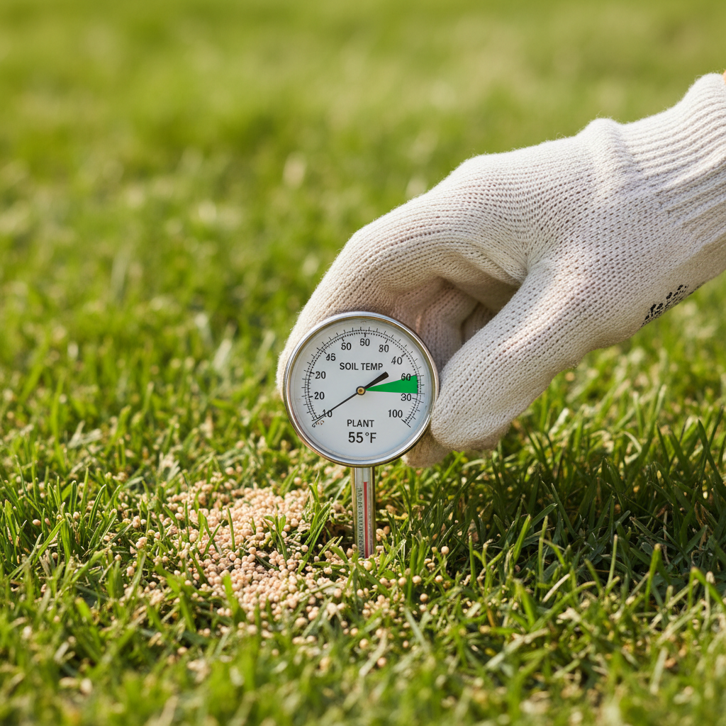 Hand holding a soil thermometer pushing into a green lawn, measuring soil temperature for pre-emergent application.