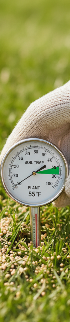 Hand holding a soil thermometer pushing into a green lawn, measuring soil temperature for pre-emergent application.