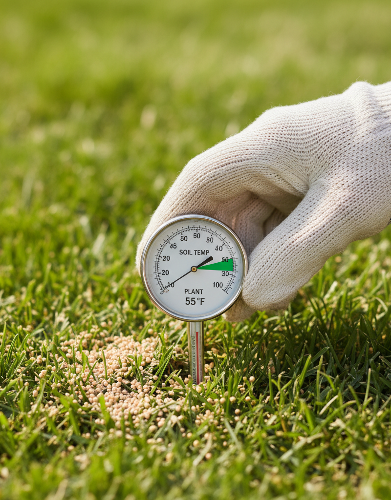 Hand holding a soil thermometer pushing into a green lawn, measuring soil temperature for pre-emergent application.