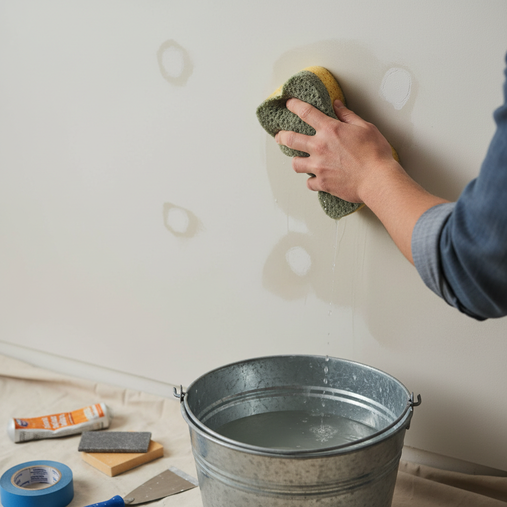 Homeowner cleaning a wall with a sponge, preparing interior walls for painting with spackle and sandpaper also visible