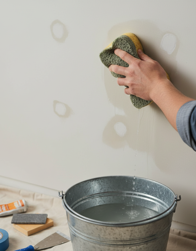 Homeowner cleaning a wall with a sponge, preparing interior walls for painting with spackle and sandpaper also visible