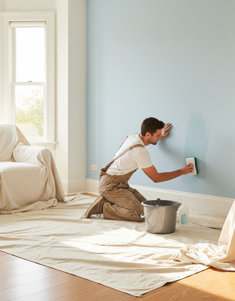 Homeowner carefully cleaning a wall with a sponge and bucket, drop cloths on the floor during paint prep