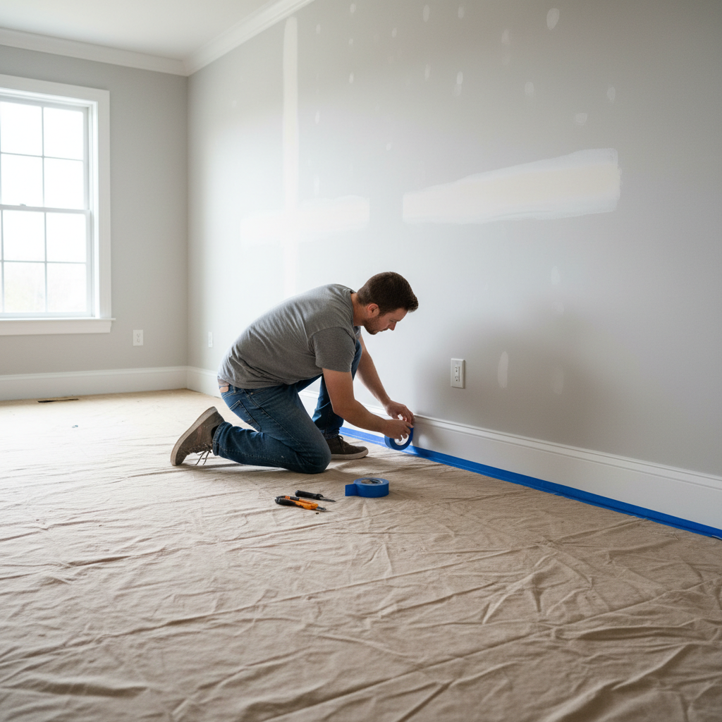 Homeowner taping baseboard with painter's tape, preparing walls for painting.