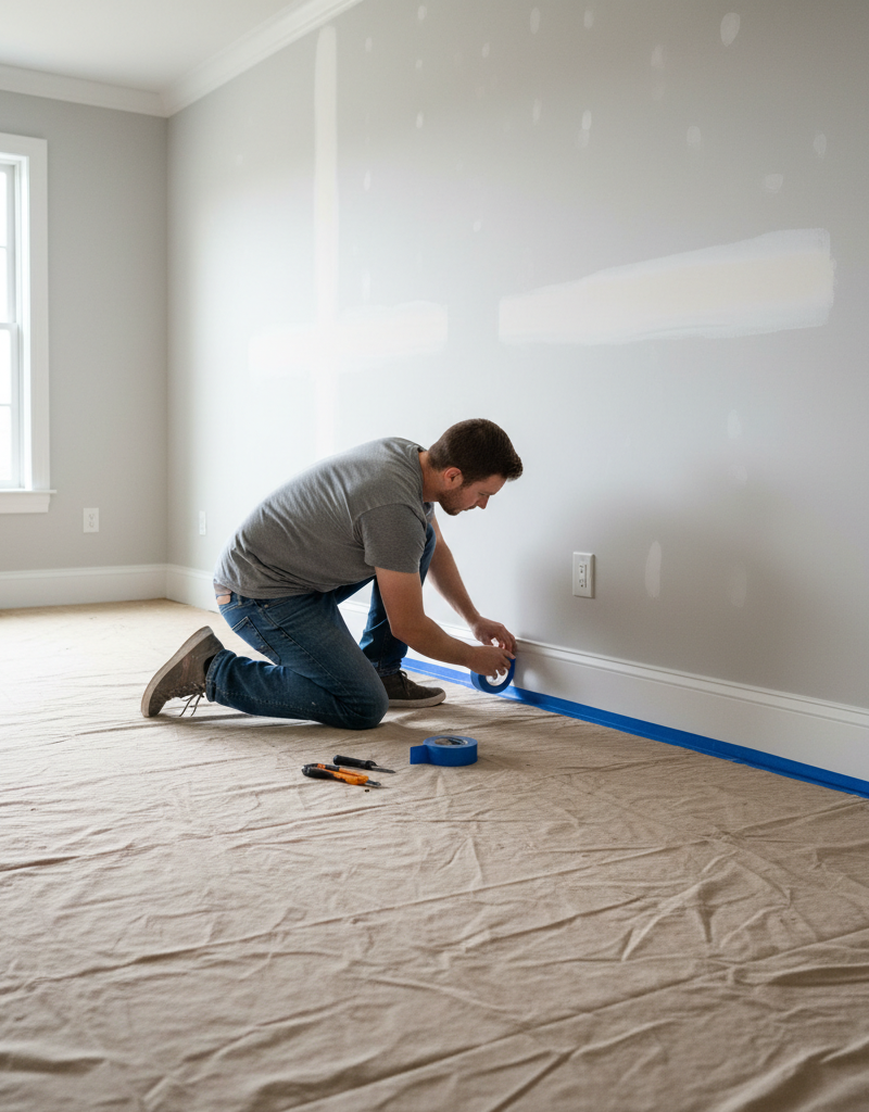 Homeowner taping baseboard with painter's tape, preparing walls for painting.