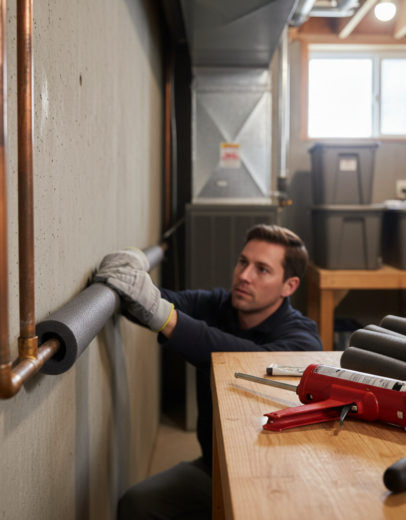 Homeowner insulating exposed copper water pipes in a basement to prevent freezing in winter.