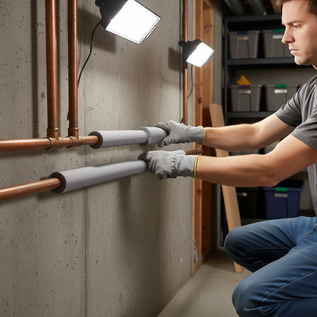 Homeowner installing foam insulation sleeves on copper pipes in a cold basement to prevent freezing.