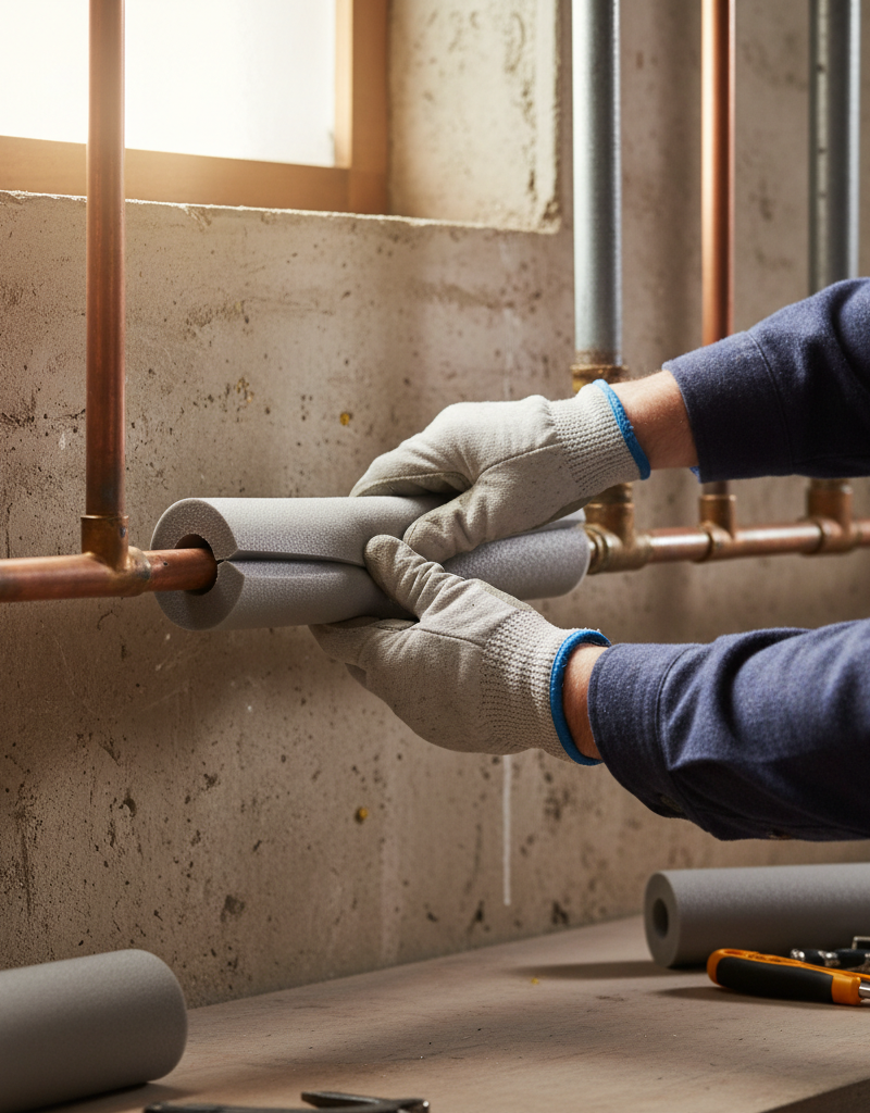 Close-up of hands insulating a copper water pipe with grey foam in a basement to prevent freezing.