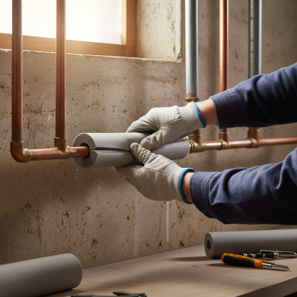 Close-up of hands insulating a copper water pipe with grey foam in a basement to prevent freezing.