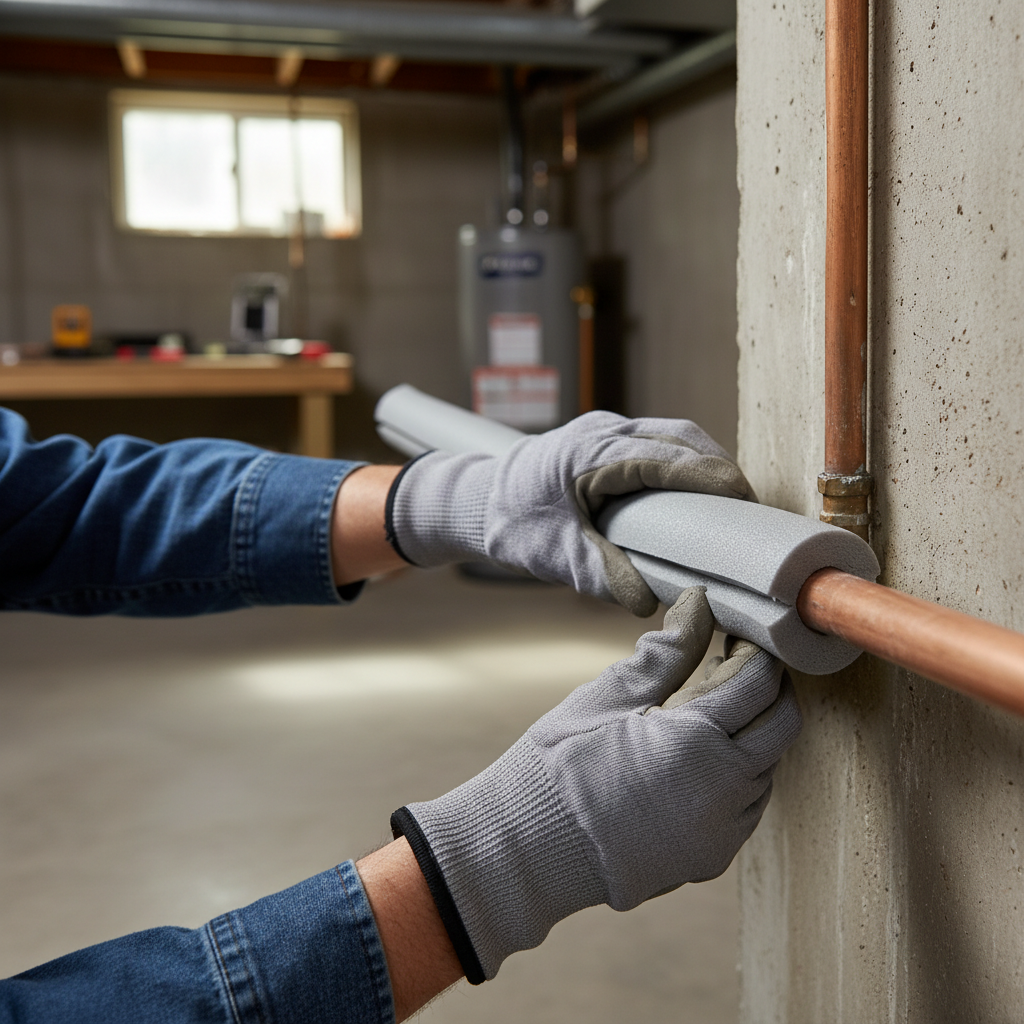 Homeowner applying foam insulation sleeves to exposed pipes in a cold basement to prevent freezing.