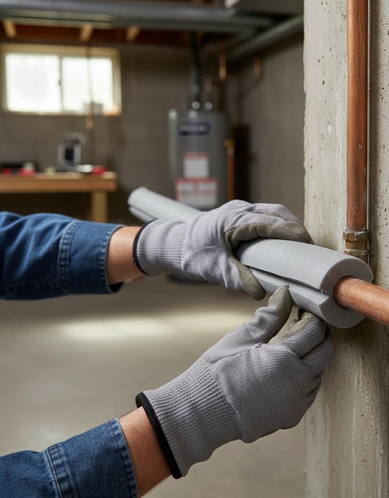 Homeowner applying foam insulation sleeves to exposed pipes in a cold basement to prevent freezing.