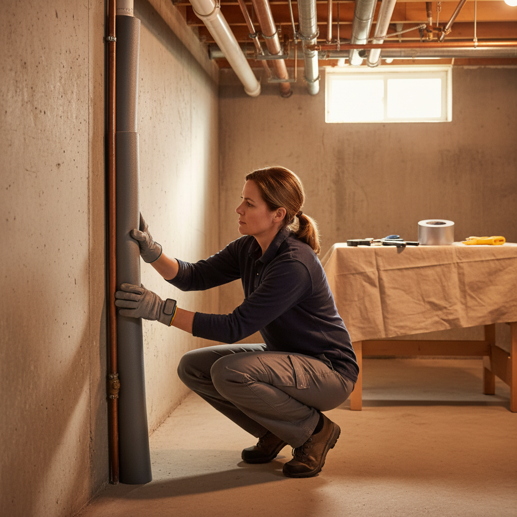 Homeowner applying foam insulation sleeve to a basement water pipe to prevent freezing in winter