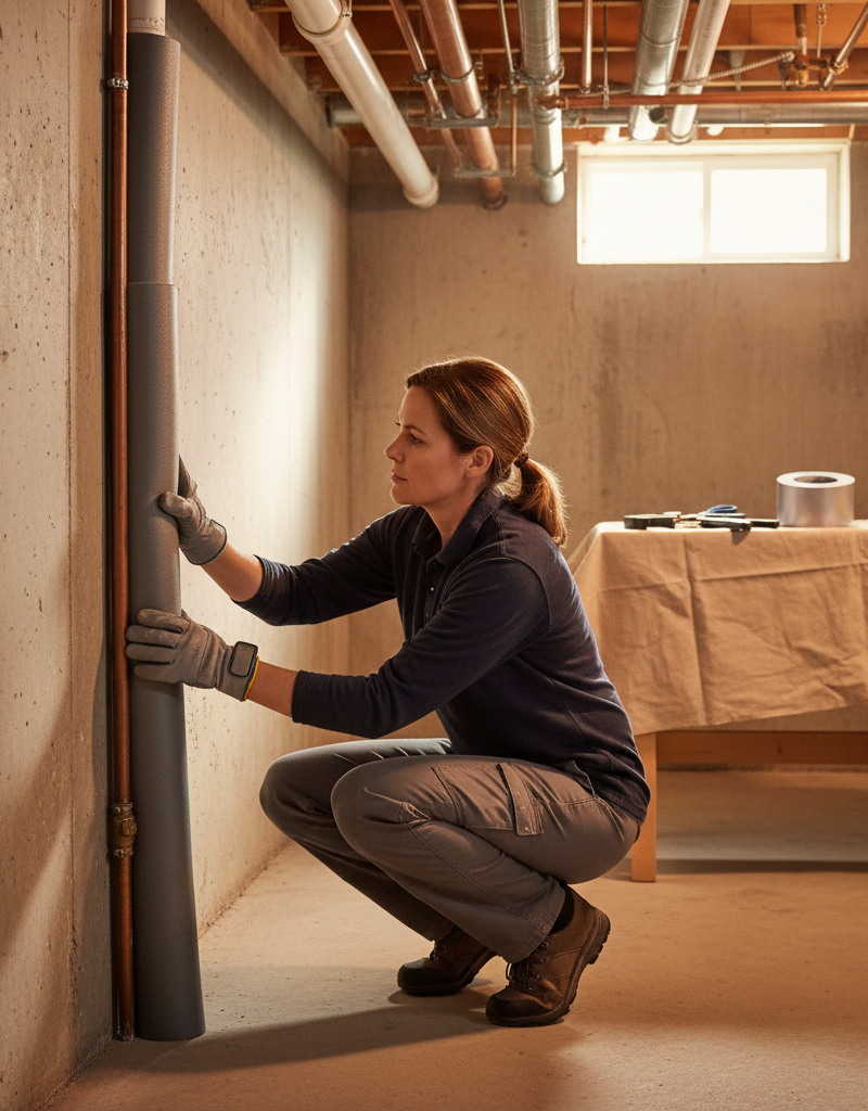 Homeowner applying foam insulation sleeve to a basement water pipe to prevent freezing in winter