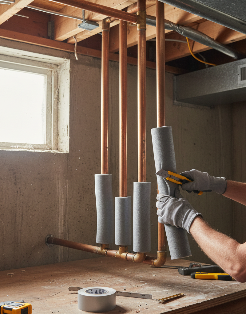 Homeowner insulating copper pipes in a basement to prevent freezing