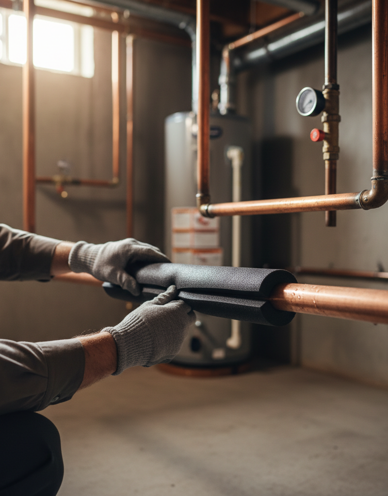 Homeowner insulating copper pipes with foam sleeves in a basement to prevent freezing.