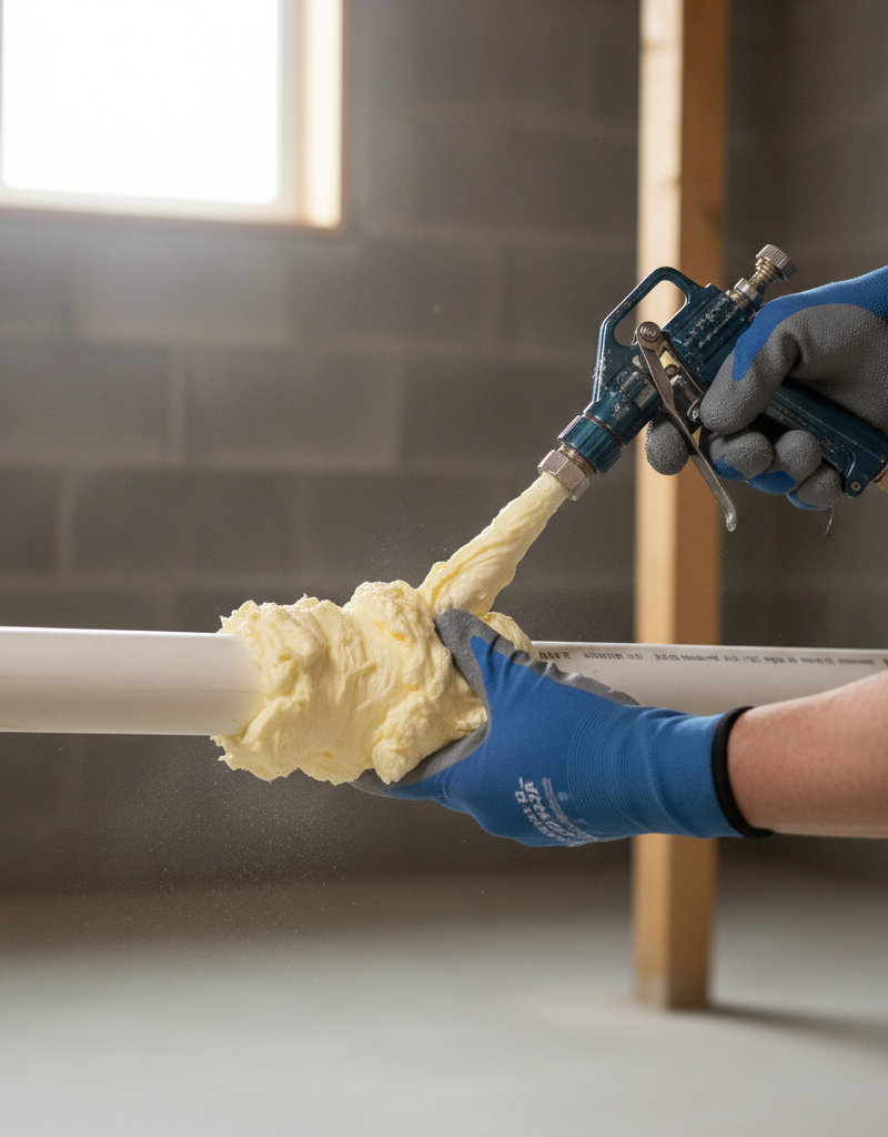 Homeowner applying foam pipe insulation to a basement water pipe.