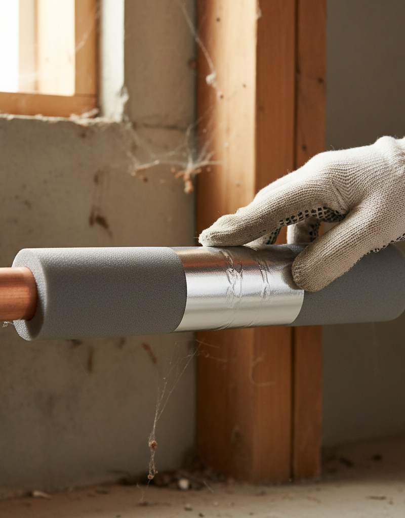 Contractor installing foam pipe insulation on a water line in a cold basement to prevent freezing.