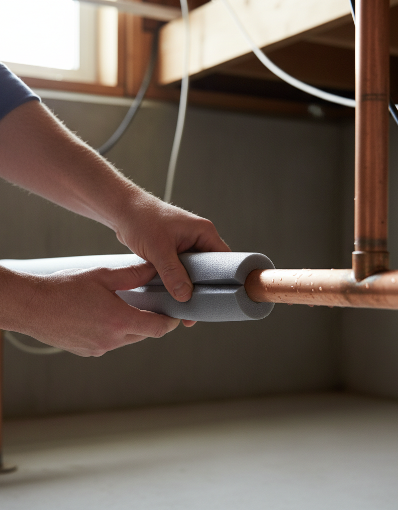Homeowner insulating a copper pipe with foam sleeves in a basement to prevent freezing