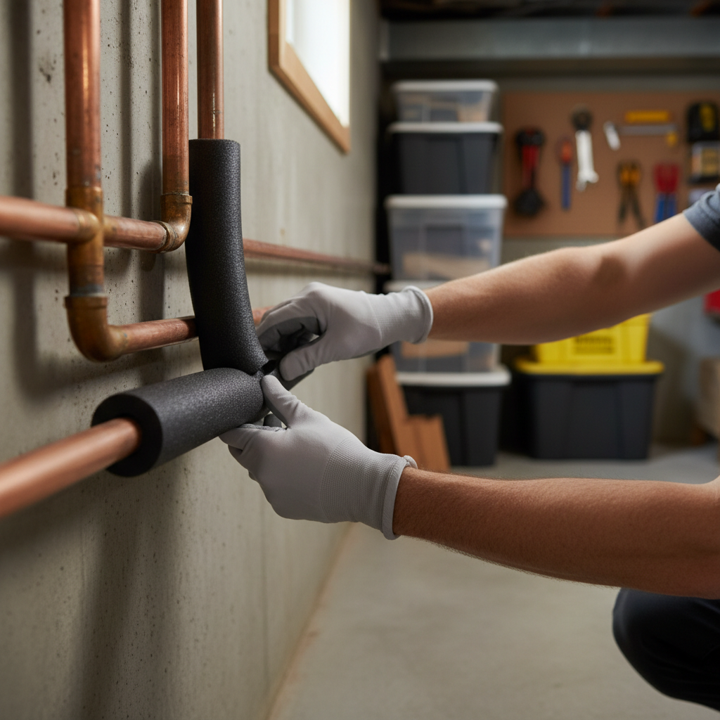 Homeowner installing foam insulation on a copper water pipe in a basement to prevent freezing.