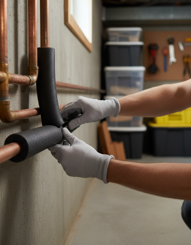 Homeowner installing foam insulation on a copper water pipe in a basement to prevent freezing.