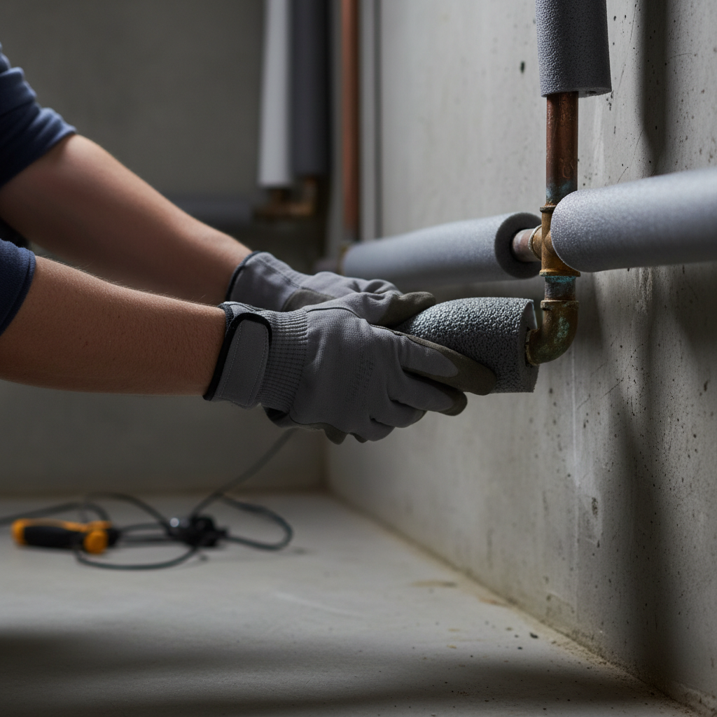 Homeowner insulating copper water pipe with grey foam sleeve to prevent freezing