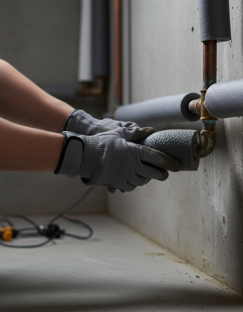 Homeowner insulating copper water pipe with grey foam sleeve to prevent freezing