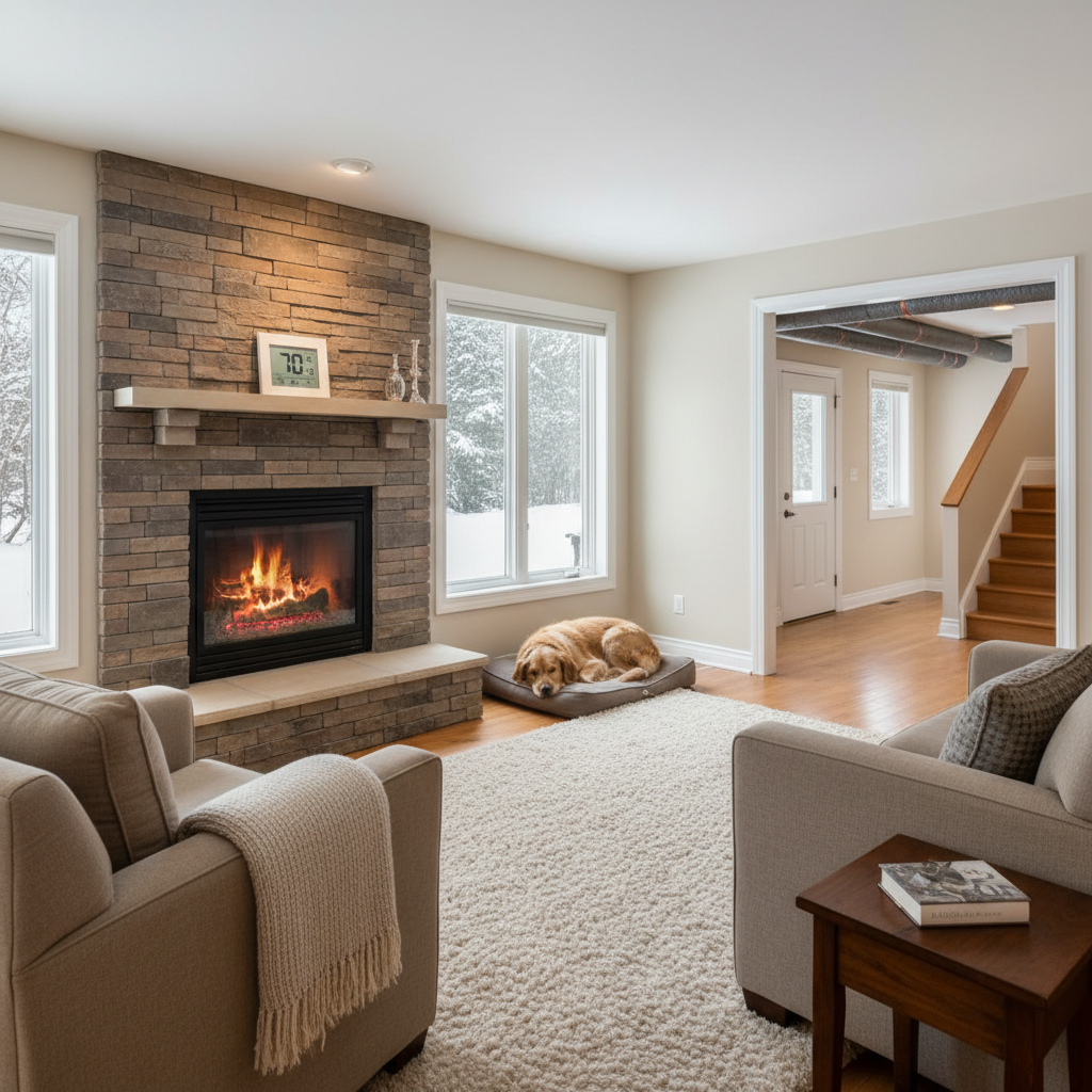 Cozy home interior with a digital thermostat set to a safe winter temperature, implying warmth and pipe protection