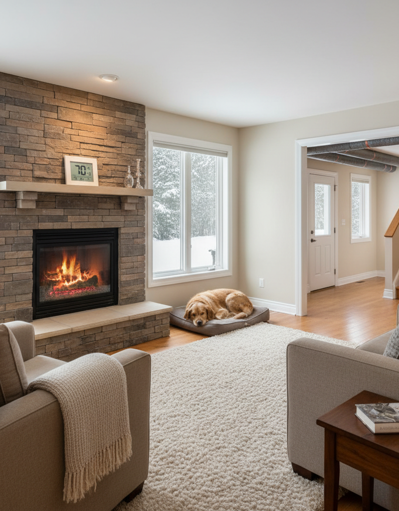 Cozy home interior with a digital thermostat set to a safe winter temperature, implying warmth and pipe protection