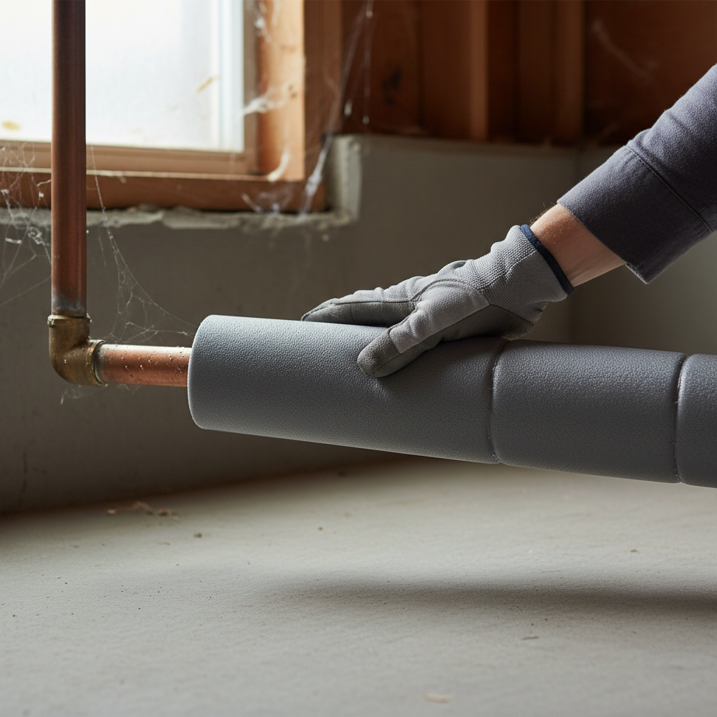 Homeowner installing foam insulation on a pipe in a crawl space to prevent freezing