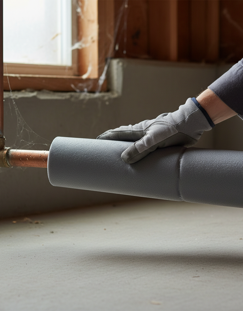 Homeowner installing foam insulation on a pipe in a crawl space to prevent freezing