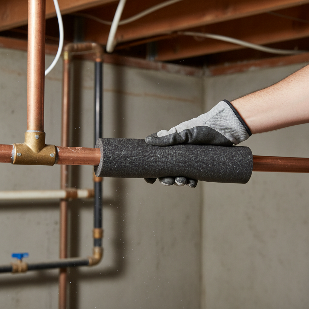 Homeowner applying foam insulation sleeve to exposed copper pipe in a cold basement to prevent freezing.