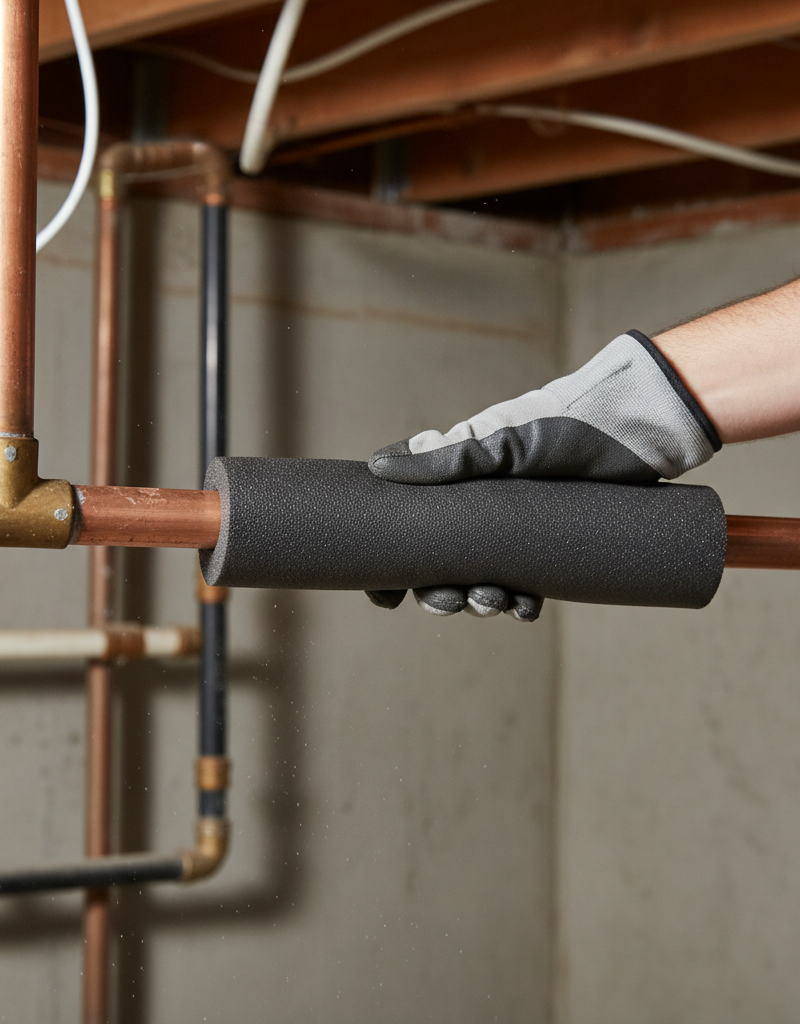 Homeowner applying foam insulation sleeve to exposed copper pipe in a cold basement to prevent freezing.