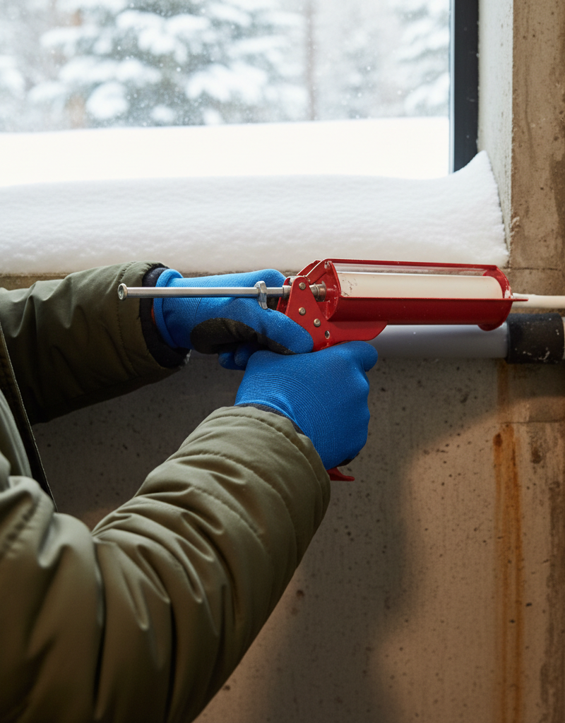 Homeowner sealing a gap around a water pipe with caulk to prevent freezing in winter