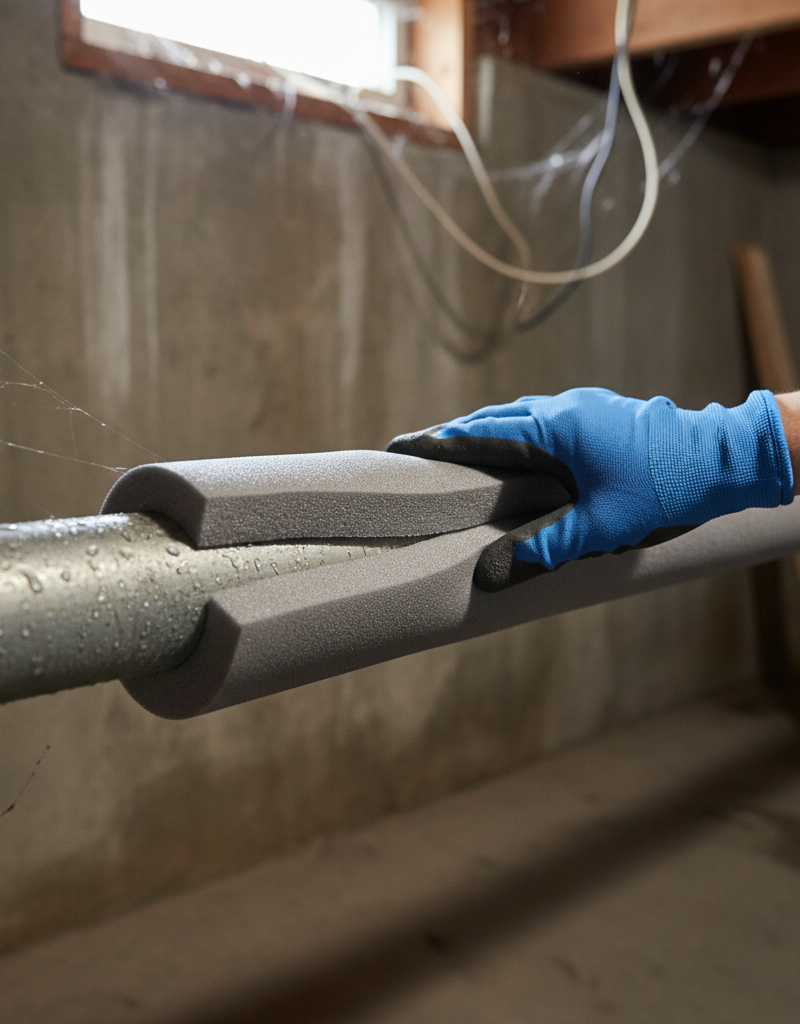 Homeowner insulating water pipes in a cold basement to prevent freezing
